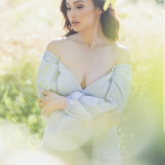 Lulus Pure Serenity Off-the-Shoulder Mini Dress Blue Sz Small Balloon Sleeves - Picture 3 of 13